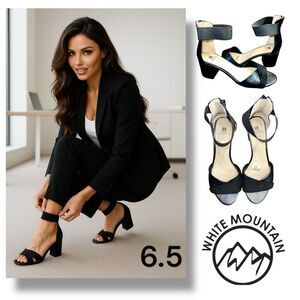 Women's White Mountain Ever Black Ankle Strap Sandals Size 6.5 | Block Heel